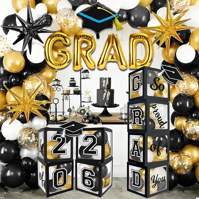 2026 Graduation Boxes Decorations,Black and Gold Balloon Garland Arch Kit with GRAD,2026 Balloon Boxes,Graduation Cap Decor for High School,College Graduation Party Supplies