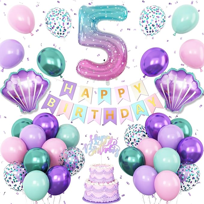 5th Mermaid Birthday Decoration for Girls,Pink Purple Green 5th Birthday Balloon Number 5 Seashell Foil Balloons Banner Mermaid Sea Party Decor Supplies for 5 Year Old