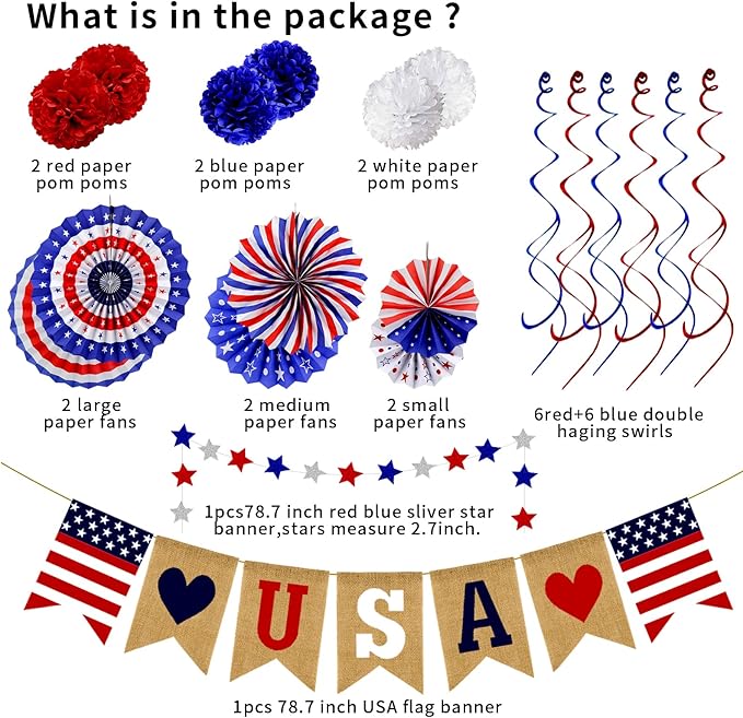 26Pcs Patriotic Decorations 4th of July Decorations LOVE USA Banner Red White Blue Paper Fans Star Streamer Pom Poms Hanging Swirls for Veterans Labor Presidents Flag Memorial Day