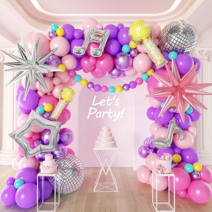171Pcs Songster Birthday Decoration - Pink and Purple Balloon Arch Kit Hollow Star, Microphone, Disco Mylar Balloon Garland Kit for Music Fans Popular Singer Birthday Princess Party Decorations