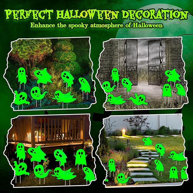 Jetec 12 Pcs Halloween Outdoor Decorations Ghost Yard Signs with Stakes Glow in The Dark Horror Ghost Halloween Decorations Luminous Plastic Sign Scary Party Outside Decor for Lawn Patio Yard Garden