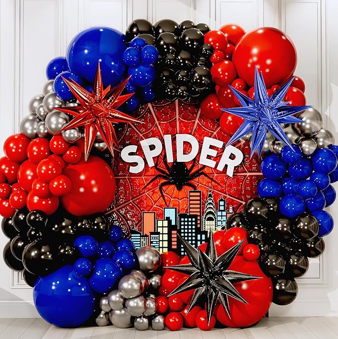 ALL-IN-1 Spider Balloon Arch Kit with BONUS Starburst for Spidy Birthday Decorations - Red Blue Spider Balloons for Spidy Man Party Decorations - Miles Birthday Decoration, Spidey Balloons