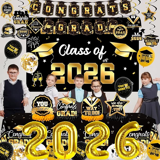 Graduation Decorations 2026, Class of 2026 Backdrop, Banner, 2026 Foil Balloons, Tablecloth, Hanging Swirls, Honeycomb Centerpieces, Party Supplies Decorations Set for College (Black ang GOLD)