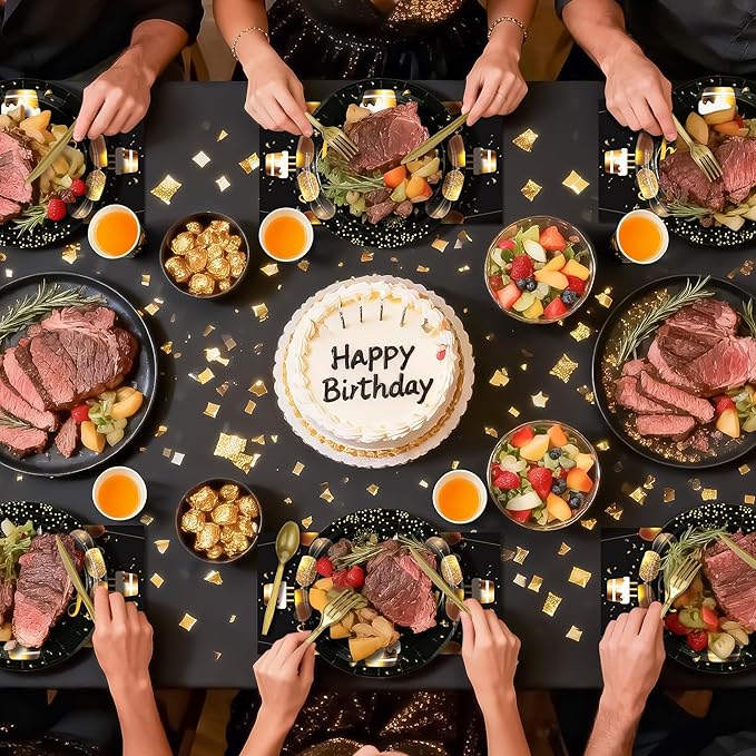 Black and Gold Happy Birthday Party Plates Set, 168PCS Balloons Cake Fireworks Paper Plates Napkins Cups and Gold Cutlery Set, 24 Set Disposable Tableware Set for Birthday Party Decorations