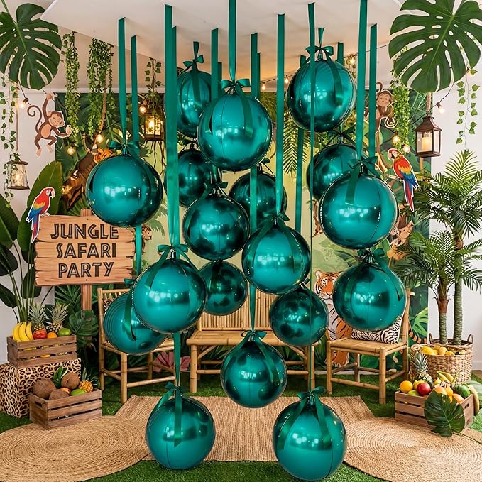 20 Pcs VBS 2026 Metallic Green Foil Balloons Giant 22 Inch 4d Round Metallic Green Balloons with Emerald Ribbon for Birthday Baby Shower Anniversary Tea Party Decorations