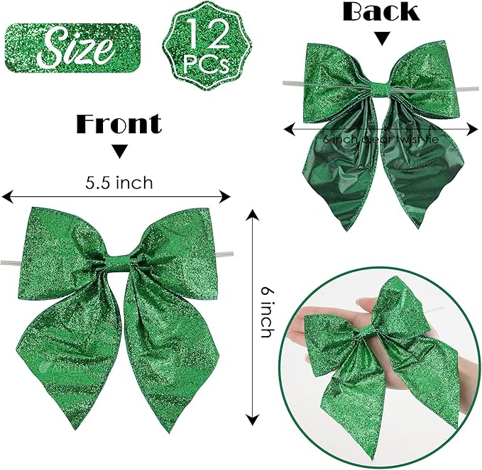 AIMUDI Green Glitter Wired Ribbon Bows with Twist Tie 5.5" Premade Metallic Christmas Bows for Gift Wrapping, Wreath, Garland, Holiday Crafts Party Home Outdoor Christmas Tree Decorations, 12 PCs