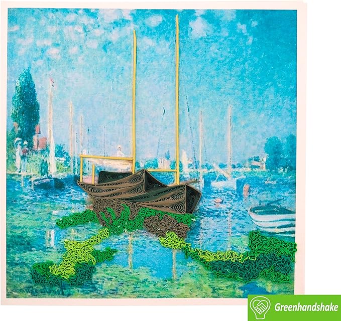 GREENHANDSHAKE The Boats at Argenteuil, 1875 by Claude Monet Quilling Art Greeting Card,Design Greeting Card for Birthday, Valentine's Day, Get Well, All Occasion. Framable Artwork for Art Lovers