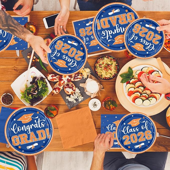 Orange and Blue Graduation Decorations, 200pcs Orange Graduation Plates and Napkins Class of 2026 Plates for Graduation Party Supplies,Serve 50