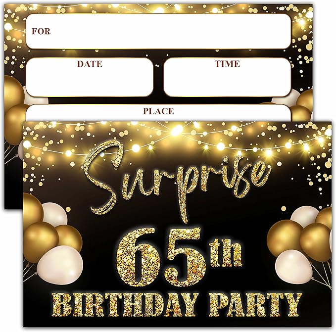 YSTEP 65th Birthday Party Invitations, 20 Black Gold Invite Cards with Envelopes, 4"x6" Foil Balloon Birthday Invites - B12