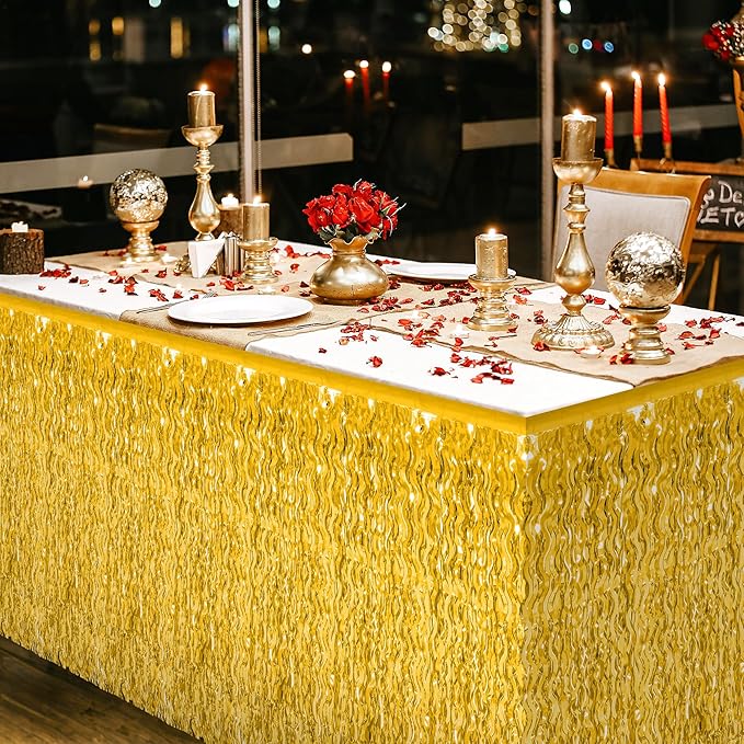 Table Skirt, 2 Pack Gold Foil Grass Table Skirt, New Years Metallic Wavy Tinsel Foil Fringe Table Skirts, Table Skirts for Irish Holiday Mardi Gras Graduations New Years Birthday Party Decor