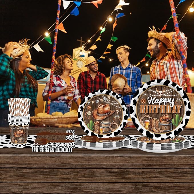 169PCS Cowboy Party Decorations for Boys Western Birthday Party Supplies Cowboy Wild West Themed Paper Plates and Napkins Cups with Forks Knives and Straws Tableware Set for 24 Guests