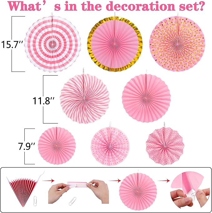 Moon Boat 35PCS Party Decorations Paper Fan Hanging Set - Birthday,Bridal/Baby Shower,Bachelorette,Wedding Decor (Pink)