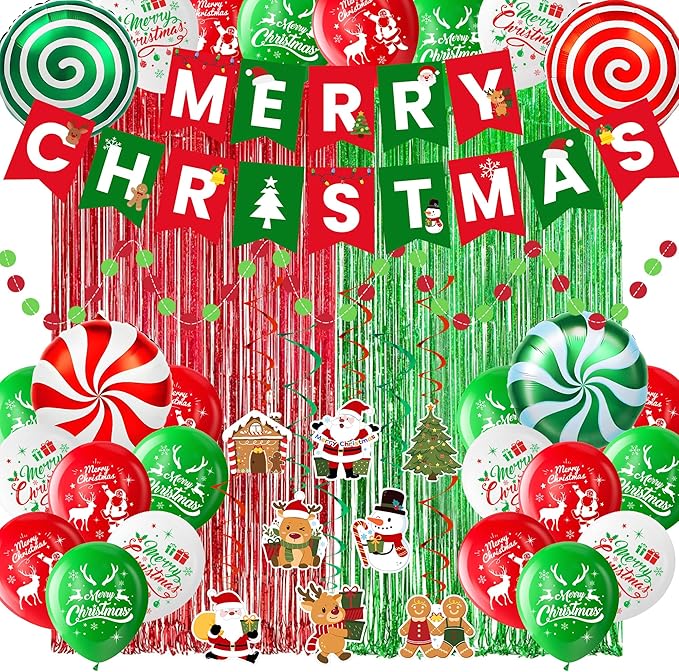 Christmas Party Supplies Decorations Set, Merry Christmas Banner, Foil Balloons, Hanging Swirls, Red and Green Metallic Fringe Curtains, Circle Dots Garland
