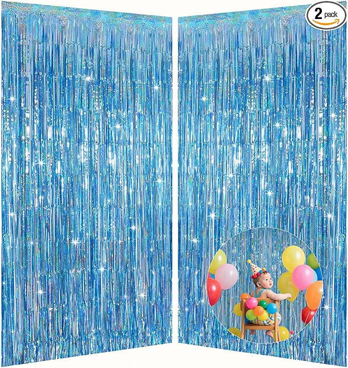 Light Blue Metallic Streamer Backdrop with Glitter Tinsel,3.28 x 6.56ft Foil Fringe Curtains for Gender Reveal & Ocean Theme Wall Hanging Party Supplies, Birthday/Wedding/Photoshoot