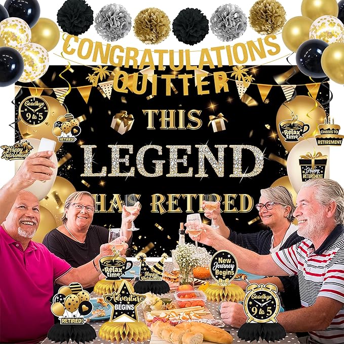 DARUNAXY Black Gold Retirement Party Decorations, This Legend Has Retired Banner Congratulations Quitter Hanging Swirl Honeycomb Confetti Balloons Black & Gold Tissue Paper Pom Poms & Cake Topper