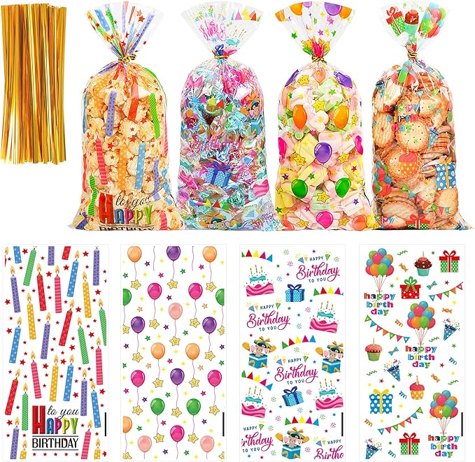 50PCS Birthday Clear Cellophane Treat Bags: Clear Goodie Bags with 60 Twist Ties for Kids Birthday Party Favors Wrapping, Packaging Candy Cookies Treat Classroom Return Gifts - 4 Colorful Designs