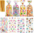 QOIUSO 100PCS Birthday Cellophane Treat Bags with 110 Gold Twist Ties, Clear Goodie Bags for Kids Birthday Party Favors Packaging Candy, Cookies, Treat, Classroom Return Gifts - 4 Colorful Design