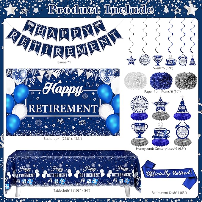 Retirement Party Decorations for Men Women 109Pcs Blue Silver Happy Retirement Decorations Include Banner Backdrop Balloons Sash Hanging Swirls Pompoms Tablecloth Honeycomb Centerpiece(Blue Silver)