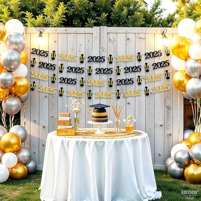 KatchOn, Black and Gold Grad Garland 2025-10 Feet, No DIY | Grad Garland Class of 2025 | Graduation Decorations 2025 | Grad Cap Decor for Graduation Decorations 2025