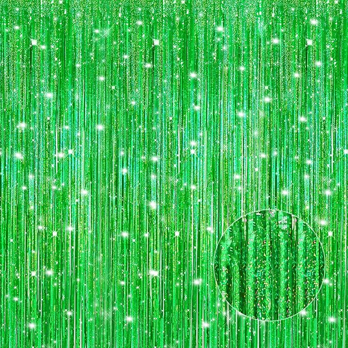 2 Pack Laser Dark Green Foil Fringe Curtains Streamers Party Decorations 3.3 x 8.2 ft, Tinsel Curtain Fringe Backdrop for Parties, Door Fringe Birthday Streamers, Photo Booth Backdrops, Party Decor