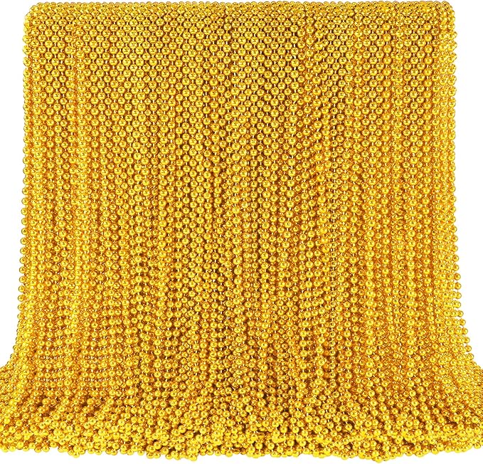 SHAOQINLIN 144 PCS Gold Mardi Gras Beads, Christmas Necklaces, Golden Bead Necklace, 33'' Metallic Gold Party Beads for Mardi Gras, Christmas, New Year's Day, Carnival Party Favors