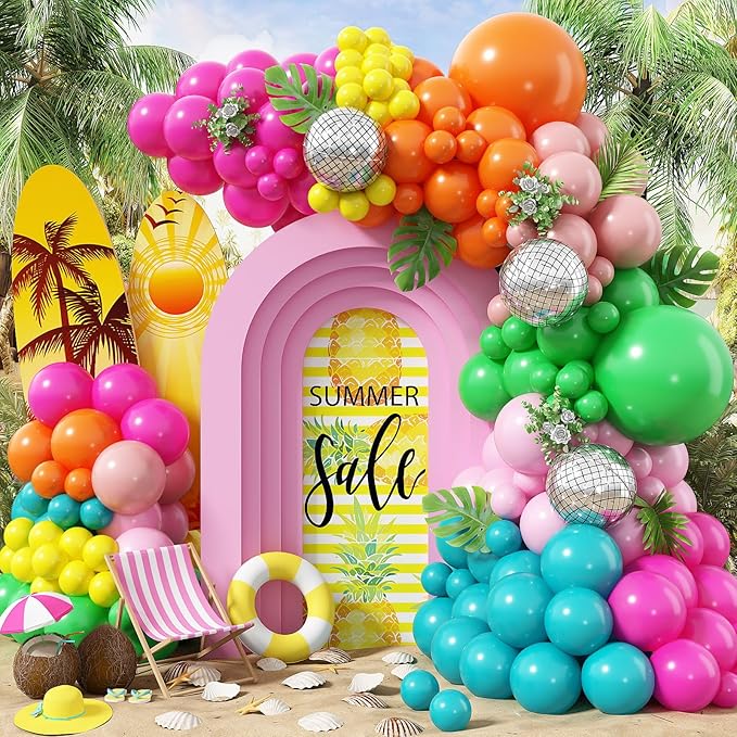 Tropical Balloons Garland Arch Kit, 130Pcs Hawaii Balloon Arch Kit, 18 10 5 Inch Summer Green Hot Pink Orange Yellow Balloons, Hawaii Party Decorations for Swimming Surfing Beach Party Birthday