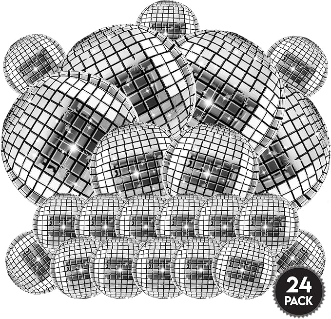 Inflatable Disco Ball Balloons Pack of 24 - 22” Silver Mylar Foil Disco Party Balloons with Star Balloons, Ribbon & Pipe for New Year's Disco Ball Decorations Party, Bachelorette, Birthday Décor