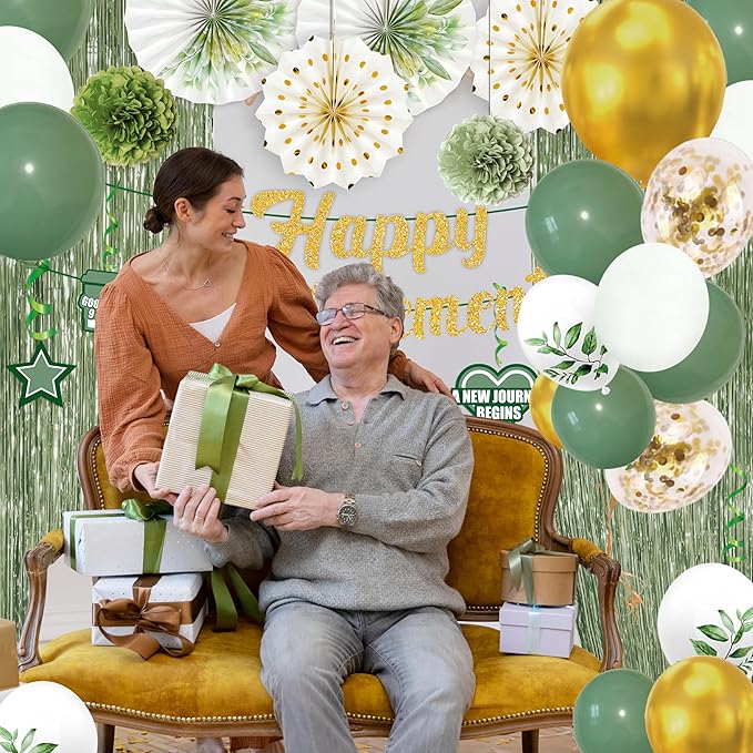 40PCS Retirement Party Decorations Sage Green Happy Retirement Banner Paper Fans Foil Curtains Hanging Swirls Tissue Pom Poms Balloons Decor