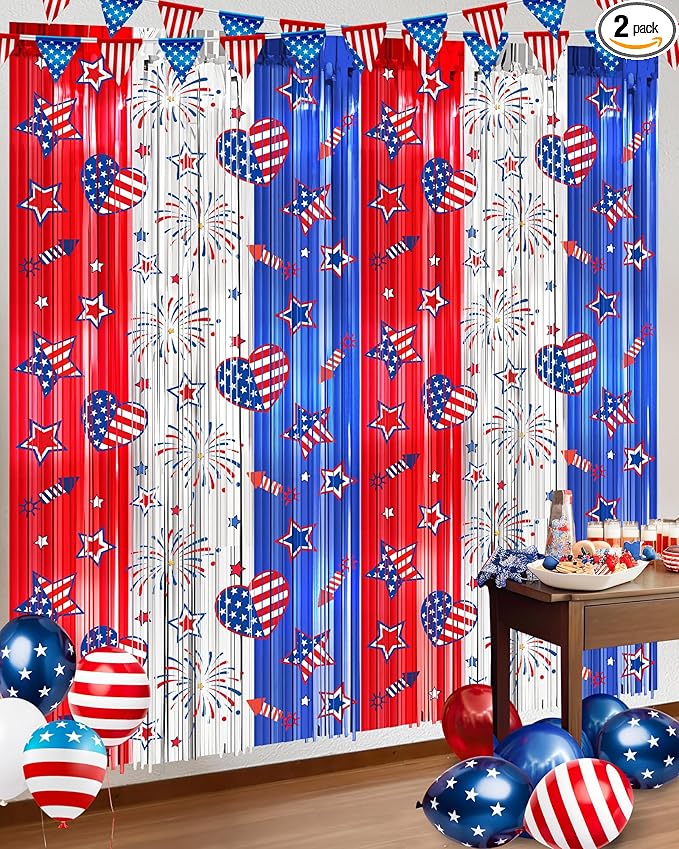 4th of July Decorations Foil Fringe Curtains for Memorial Day, 2 Pack Fourth of July Decor Party Backdrop Red White and Blue Tinsel Streamer, Patriotic Decorations for Independence Labor Veterans Day