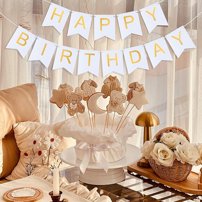 White Happy Birthday Banner - Hanging Backdrop Sign with Gold Letters, Happy Birthday Sign Bunting Decorations for Women men Kids Baby Shower Party Supplies (13pcs)