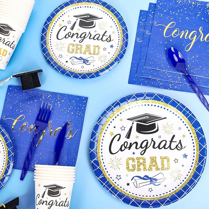 Whaline 175 Pcs Graduation Party Supplies, Paper Plates and Napkins Set, 25 Guests Blue Congrats Grad Disposable Tableware Include Plate Napkin Cup and Cutlery for Party Table Decor