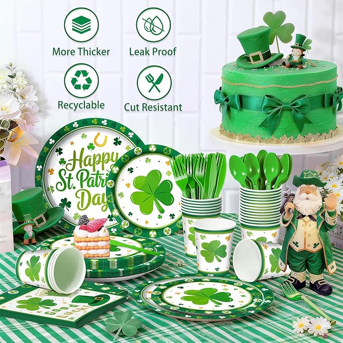Green Party Supplies Set 168 PCS Clover Tableware Kit Disposable Plates Cups Napkins Cutlery for Birthday Sports Party Lucky Theme Decorations
