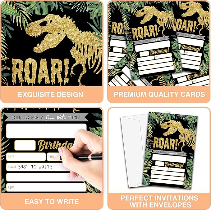 Gold Dinosaur Birthday Party Invitations, 20-Count Jungle Birthday Party Invites With Envelopes-HBYQK-B44