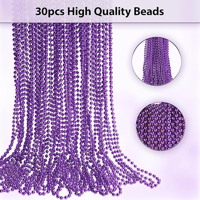 HOOSUN 30 Pack Mardi Gras Beads Necklaces Bulk, Mardi Gras Accessories for Party Favors,Purple Decoration St Patricks Day Necklace Party Supplies Mardi Gras Decor For Party, School Event,Home