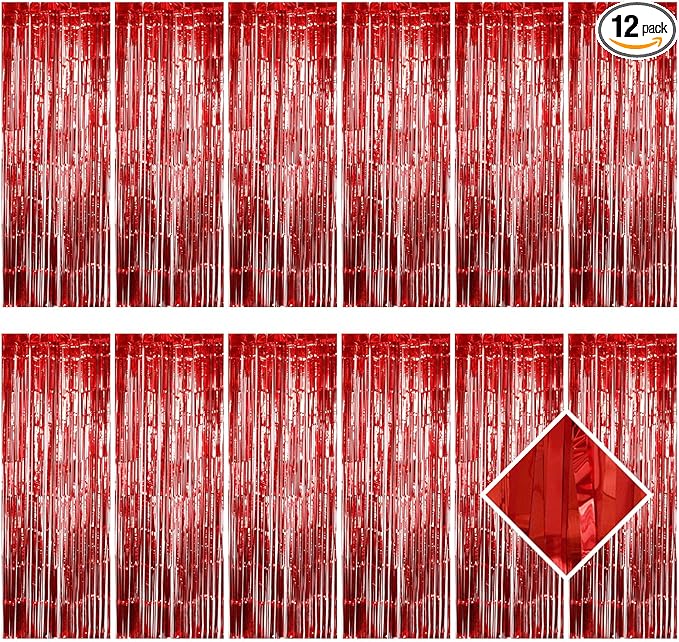 12 Pack Red Foil Curtain Backdrop 3.2ft x 6.6ft Metallic Tinsel Fringe Backdrop Curtains Streamer Photo Booth Backdrop for Birthday Engagement Bachelorette Christmas Holiday Party Decorations
