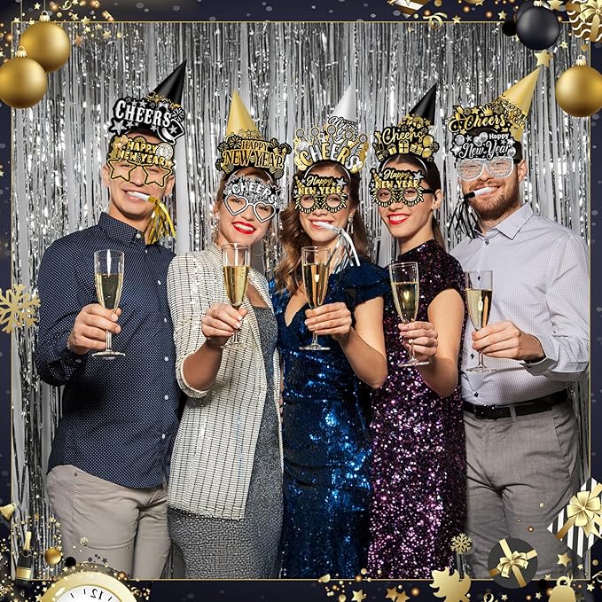 Jenaai 96 Pcs New Year Eve Party Supplies 2026 Happy New Year Eve Party Favors Include Paper Glasses Cone Hats Black Silver Gold Headbands Blowers Noisemakers for Holiday Decors Photo Prop Accessories