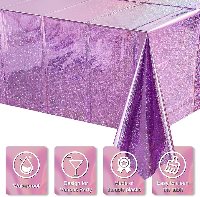 1 Pack Iridescent Light Purple Plastic Tablecloths Shiny Disposable Laser Rectangle Table Covers Holographic Foil Tablecloth Iridescent Kpop Birthday Bridal Wedding Party Decoration, 54 x 108 Inch