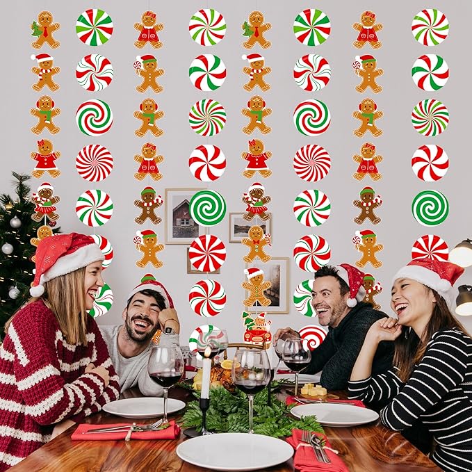 Gingerbread Man Hanging Garlands 8PCS Christmas Party Supplies Christmas Candy Cane Peppermint Hanging Paper Garlands Gingerbread House Banner for Boys Girls Xmas Santa Claus Holiday Decor