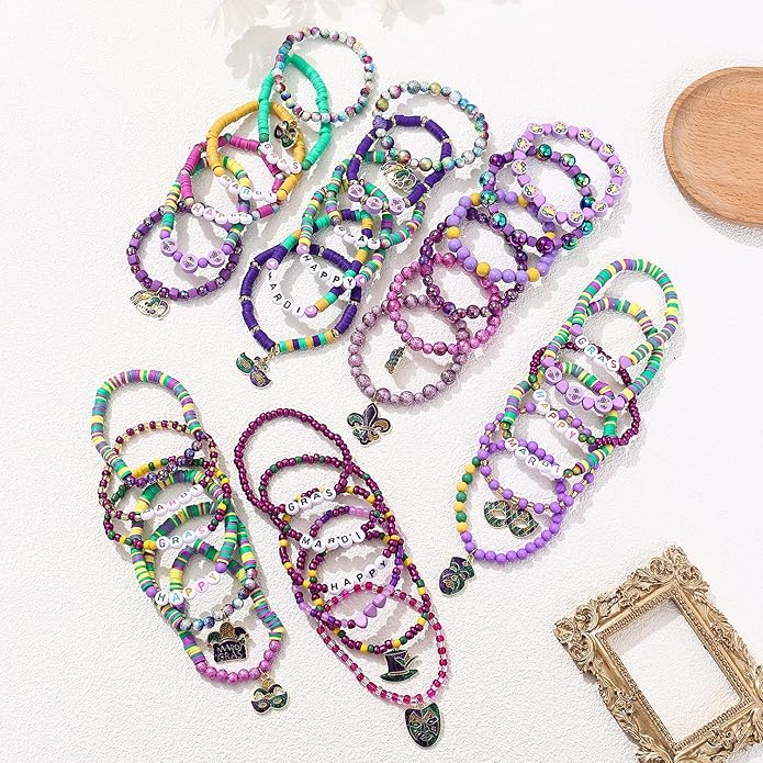 Cooluckday 36 Pcs Holiday Heishi Surfer Bracelets for Women Bulk Easter Mother's Day Christmas St. Patrick's Day Mardi Gras Bracelet Stackable Stretch Friendship Bracelets Set