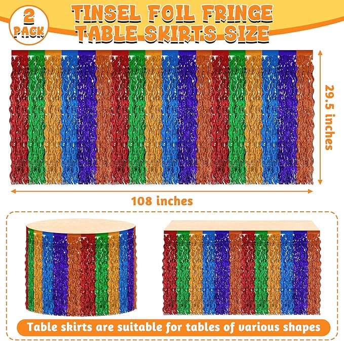 Cinco De Mayo Table Decorations, 2 Pack Fiesta Desk Skirts Supplies, Mexican Theme Metallic Wavy Tinsel Foil Fringe Table Skirts, Rainbow Skirts for Dia De Los Muertos Day Mexico Day of The Dead Decor