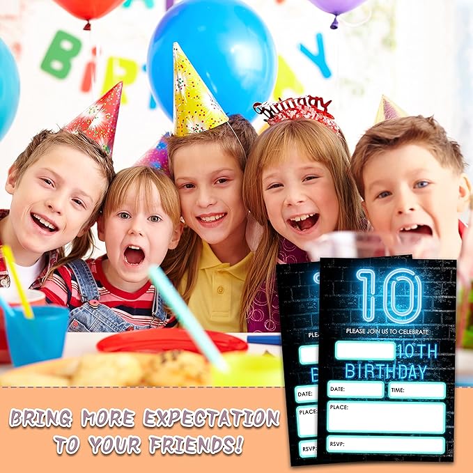 Neon Light 10th Birthday Invitations Cards, 4"x 6" Tenth Birthday Party Invites with Envelopes for Party Decorations Supplies(20 Pieces) -D24