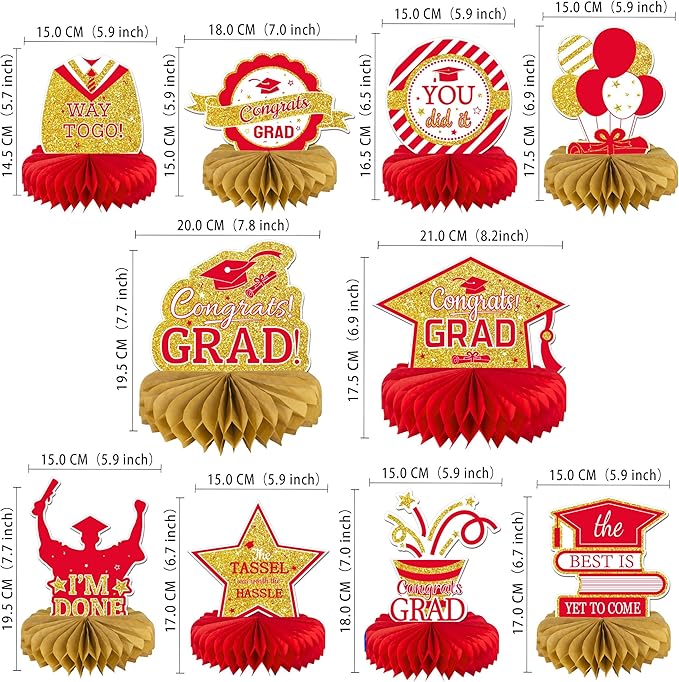 10PCS Graduation Decorations Class of 2025 Centerpieces, Congrats Grad Honeycomb Table Toppers for Graduation Party Favors, 2026 Graduation Party Decorations (10PCS, Red & Gold)