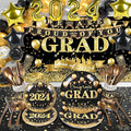 204Pcs Graduation Party Decorations Class of 2024- Graduation Party Supplies with Grad Backdrop, Banners, Balloons Kit,Paper Plates,Cups,Napkins,Cutlery,Tablecloth and CupCake Toppers-Black & Gold