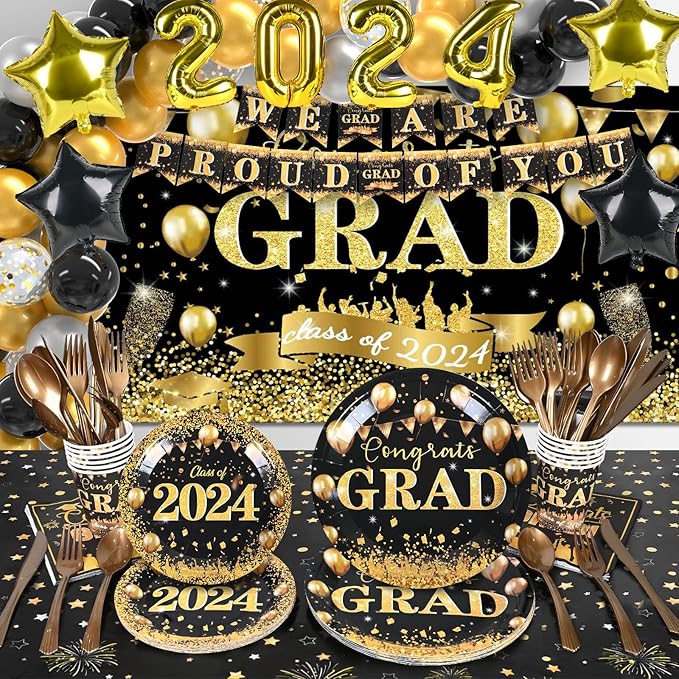204Pcs Graduation Party Decorations Class of 2024- Graduation Party Supplies with Grad Backdrop, Banners, Balloons Kit,Paper Plates,Cups,Napkins,Cutlery,Tablecloth and CupCake Toppers-Black & Gold