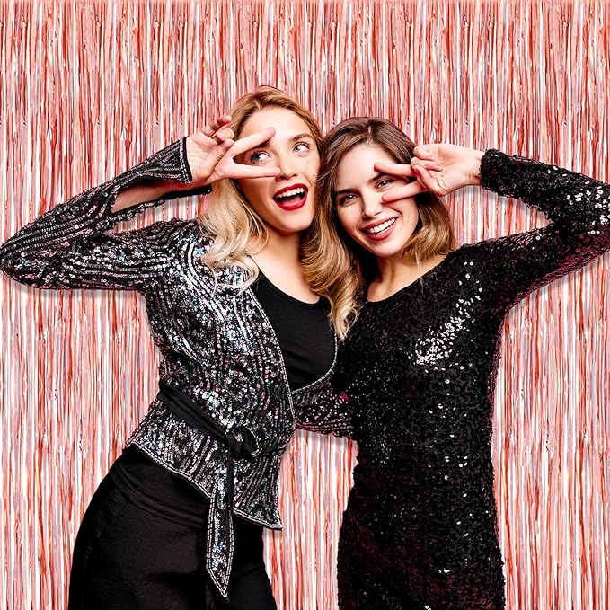 3 Pack Rose Gold Foil Fringe Curtain Backdrop, 3.28Ft x 6.6Ft Metallic Tinsel Foil Fringe Streamer Curtains for Photo Booth, Christmas Day, Thanksgiving, Wedding, New Year Party Decorations