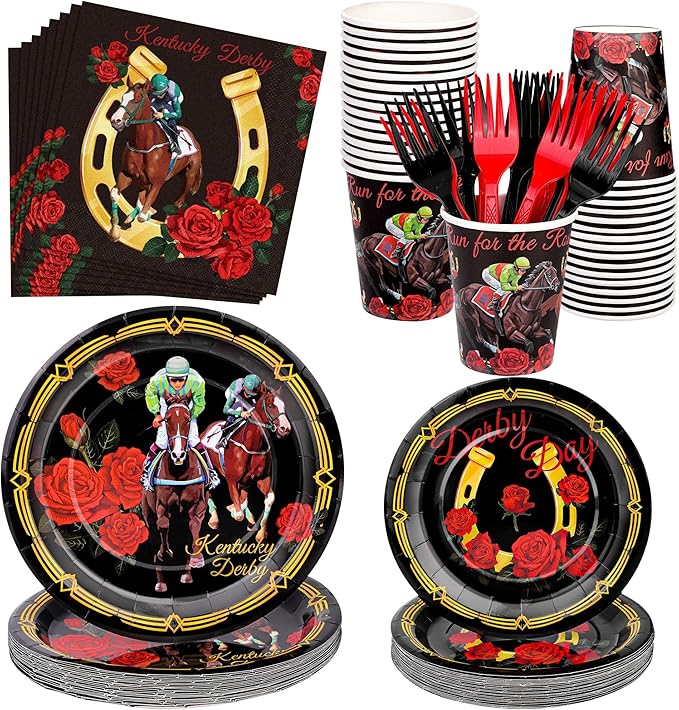 Kochorie 144 Pieces Horse Racing Party Tableware Sets Including Disposable Plates Napkins Cups Forks Serves 24 for Birthday Horse Theme Party Supplies