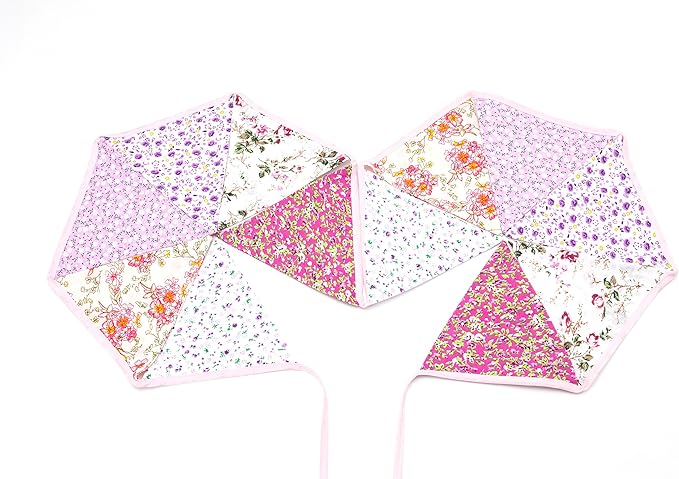 LOVENJOY Pink Floral 100% Cotton Bunting Banner for Girls Shabby Chic Wedding Birthday Decoration