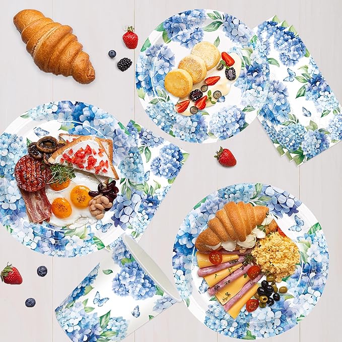 100pcs Hydrangea Party Supplies Paper Plates Napkins Cups Hydrangea Floral Tableware Set for Summer Wedding Birthday Tea Party Supplies Serve 25 Guests
