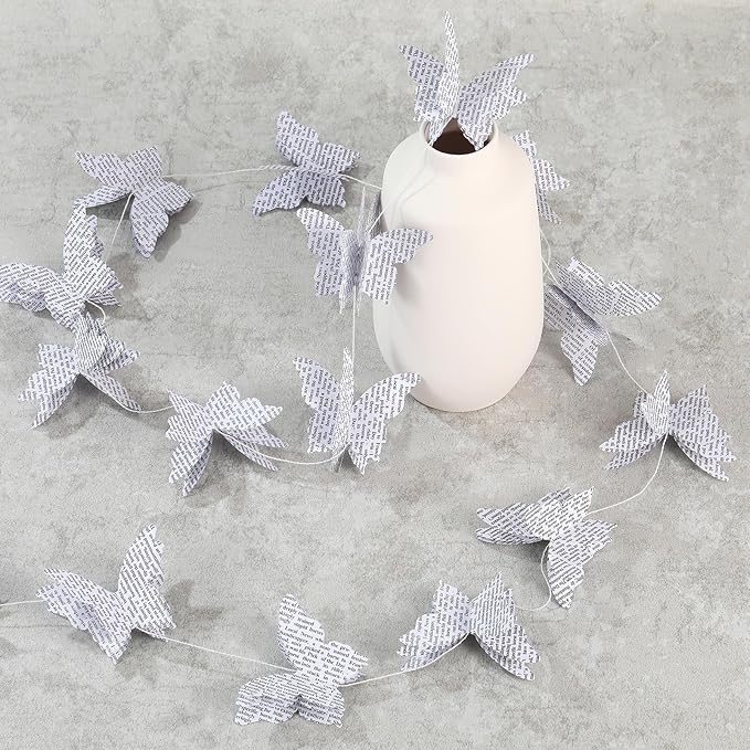 3D Paper Butterfly Garland Recycled Book Newspaper Hanging Garland Bunting Banner Party Decorations Wedding Baby Shower Home Decor 4 Pack Christmas Garlands (White)