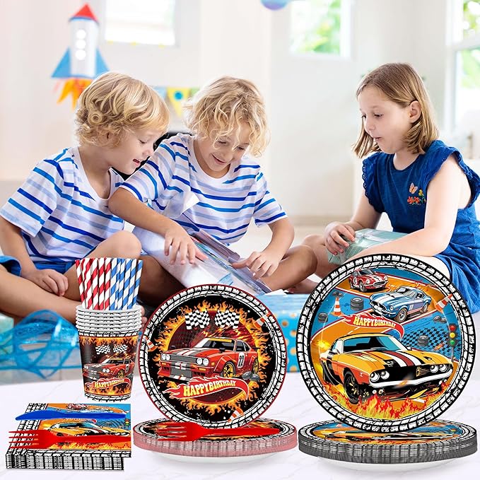 168PCS Race Car Party Supplies for Boys Plates and Napkins Cups Straws for Birthday Hot Car Party Themes for Kids Boys Racer Tableware Set 24 Guests